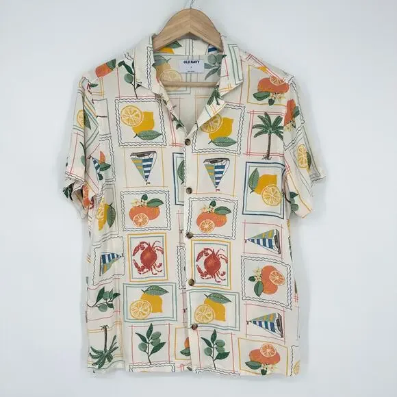 Old Navy Men's Short Sleeve Camp Shirt Retro Postcard Style Button Down Shirt - Picture 1 of 9